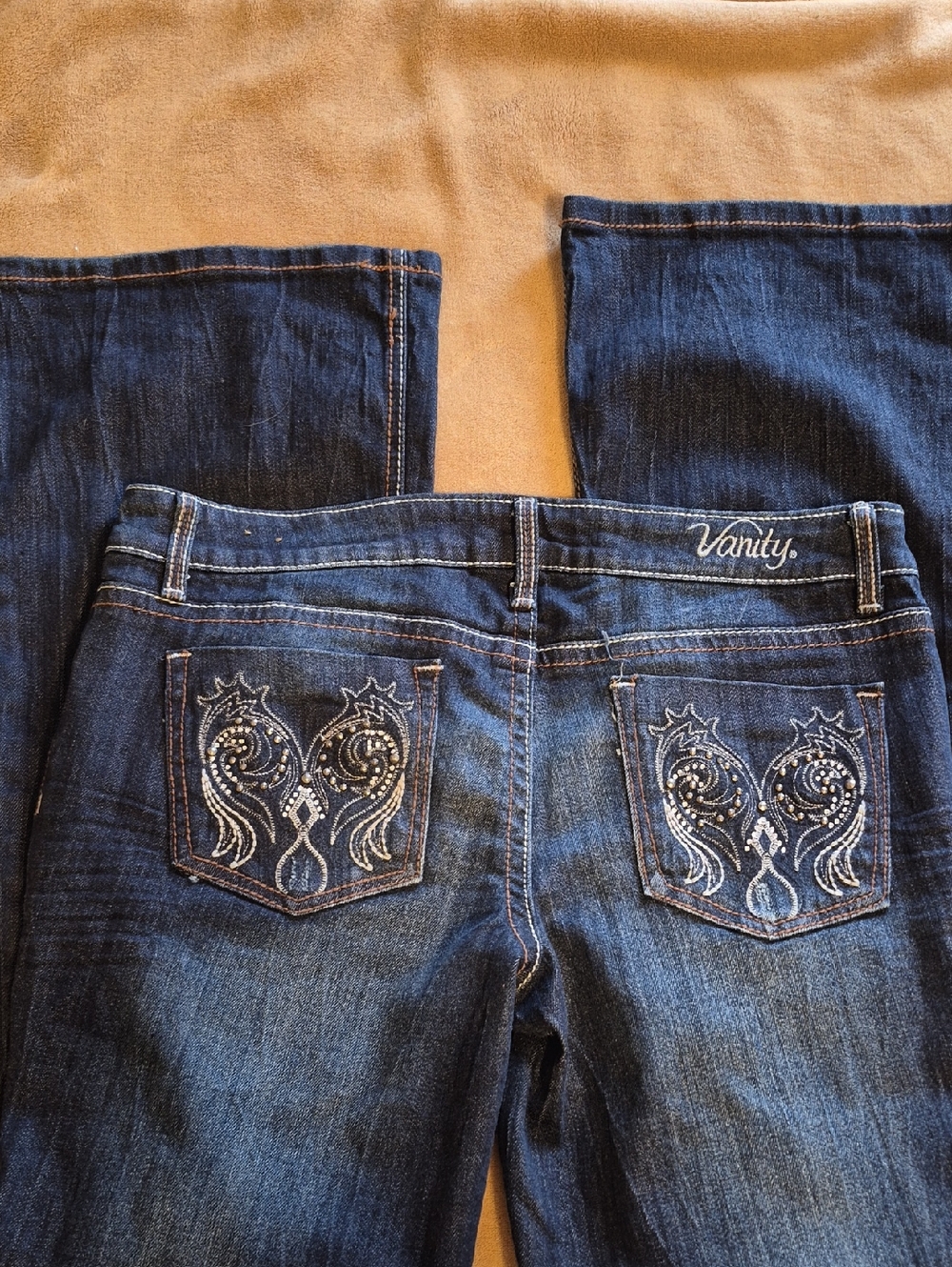 Vanity Womens Dakota Distressed Flare Blue Jeans Fancy Pockets Sz 30W/33L